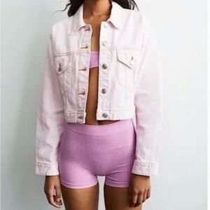 NWT Women's ZARA Denim Jacket Short Length Relaxed Fit in Faded Pink XL.